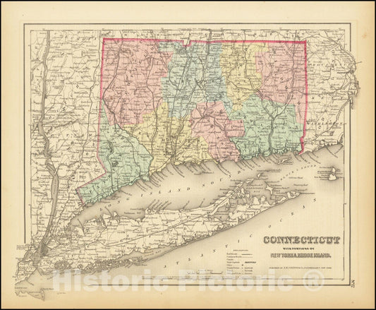 Historic Map : Colton's Connecticut with Portions of New York & Rhode Island, 1857, Vintage Wall Art