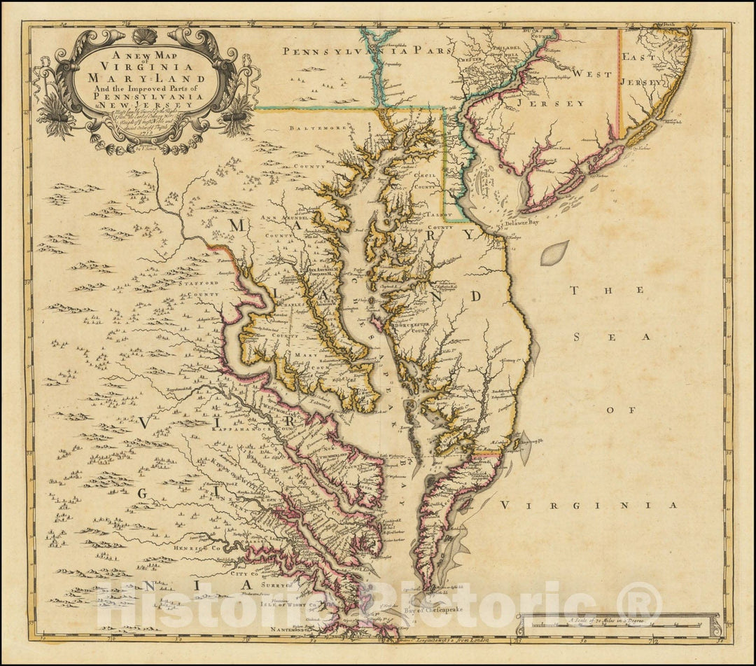 Historic Map : A New Virginia Mary Land And The Improved Parts of Penn sylvania & New Jersey Most humbly Inscribed to the Right Hon.ble the Earl of Orkney, 1719, Vintage Wall Art