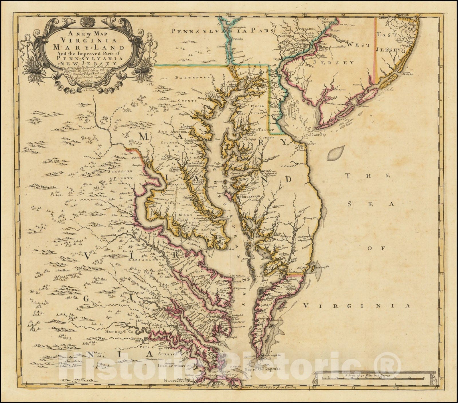 Historic Map : A New Virginia Mary Land And The Improved Parts of Penn sylvania & New Jersey Most humbly Inscribed to the Right Hon.ble the Earl of Orkney, 1719, Vintage Wall Art