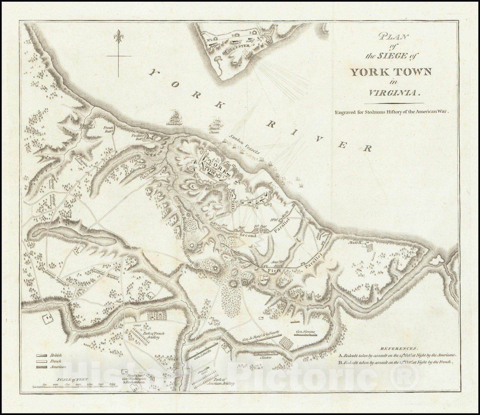 Historic Map : Plan of the Siege of York Town in Virginia,  1793, Vintage Wall Art