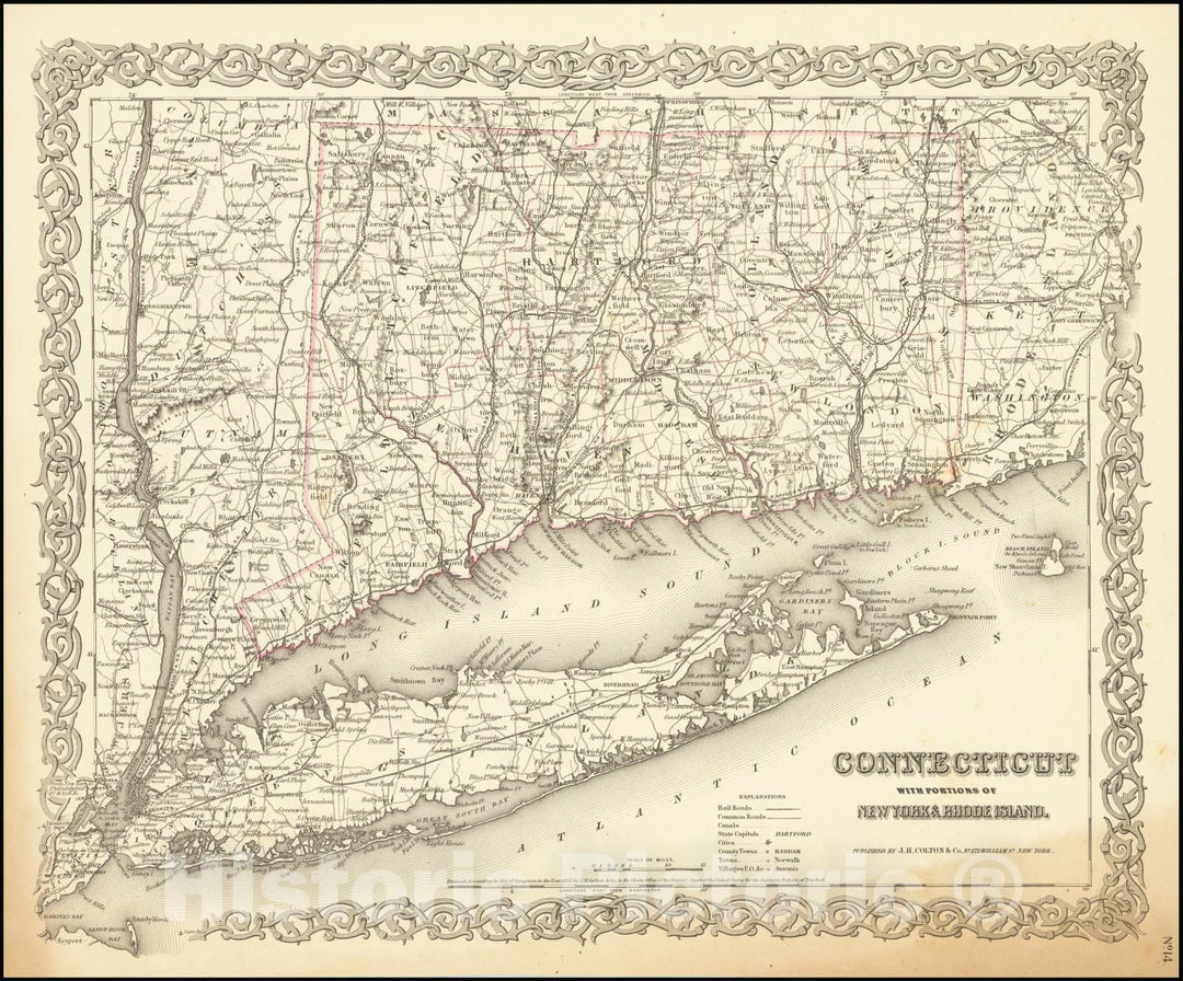 Historic Map : Colton's Connecticut with Portions of New York & Rhode Island, 1855, Vintage Wall Art