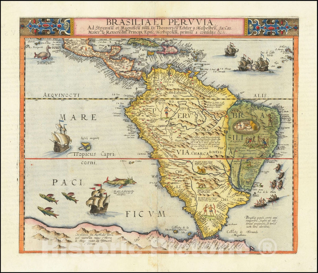 Historic Map : Brasilia et Peruvia,  1593, Vintage Wall Art