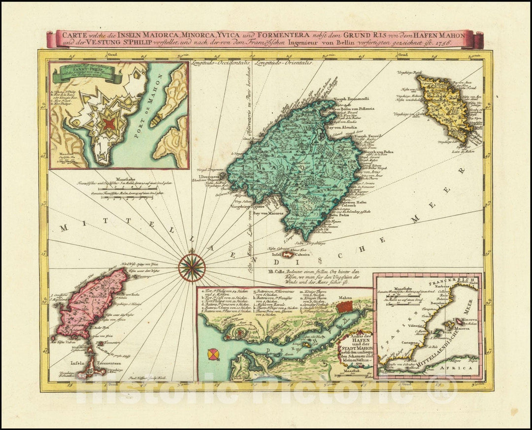 Historic Map : Carte welche die Inseln Majorca, Minorca, Yvica und Formentera nebst dem Grundris von dem Hafen Mahon und der Vestung St. Philip vorstellet, 1756, Vintage Wall Art