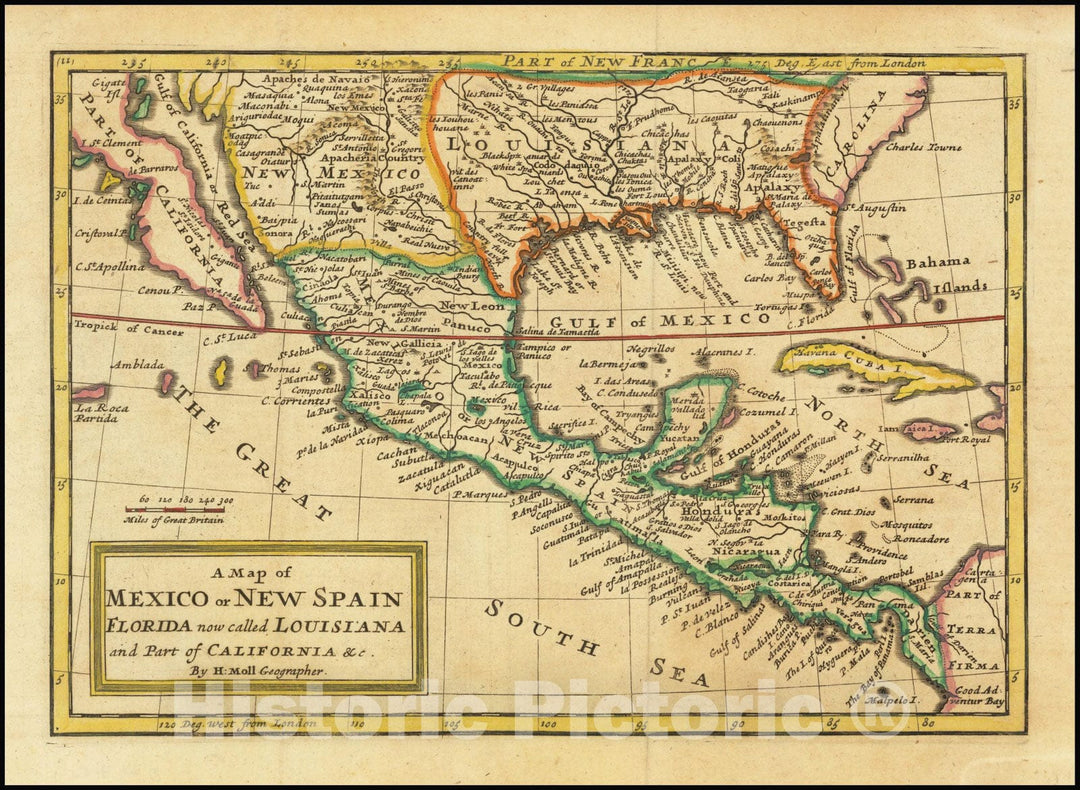 Historic Map : A Mexico or New Spain, Florida now called Louisiana and Part of California &c. By H. Moll Geographer, 1708, Vintage Wall Art