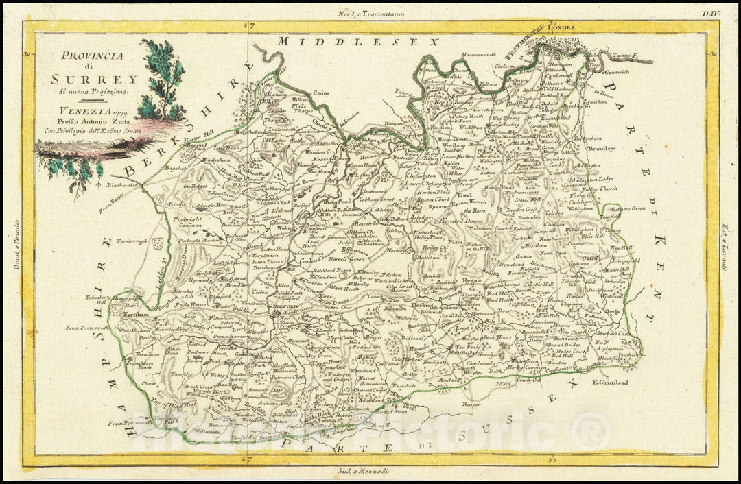 Historic Map : Provincia de Surrey, 1779, Vintage Wall Art