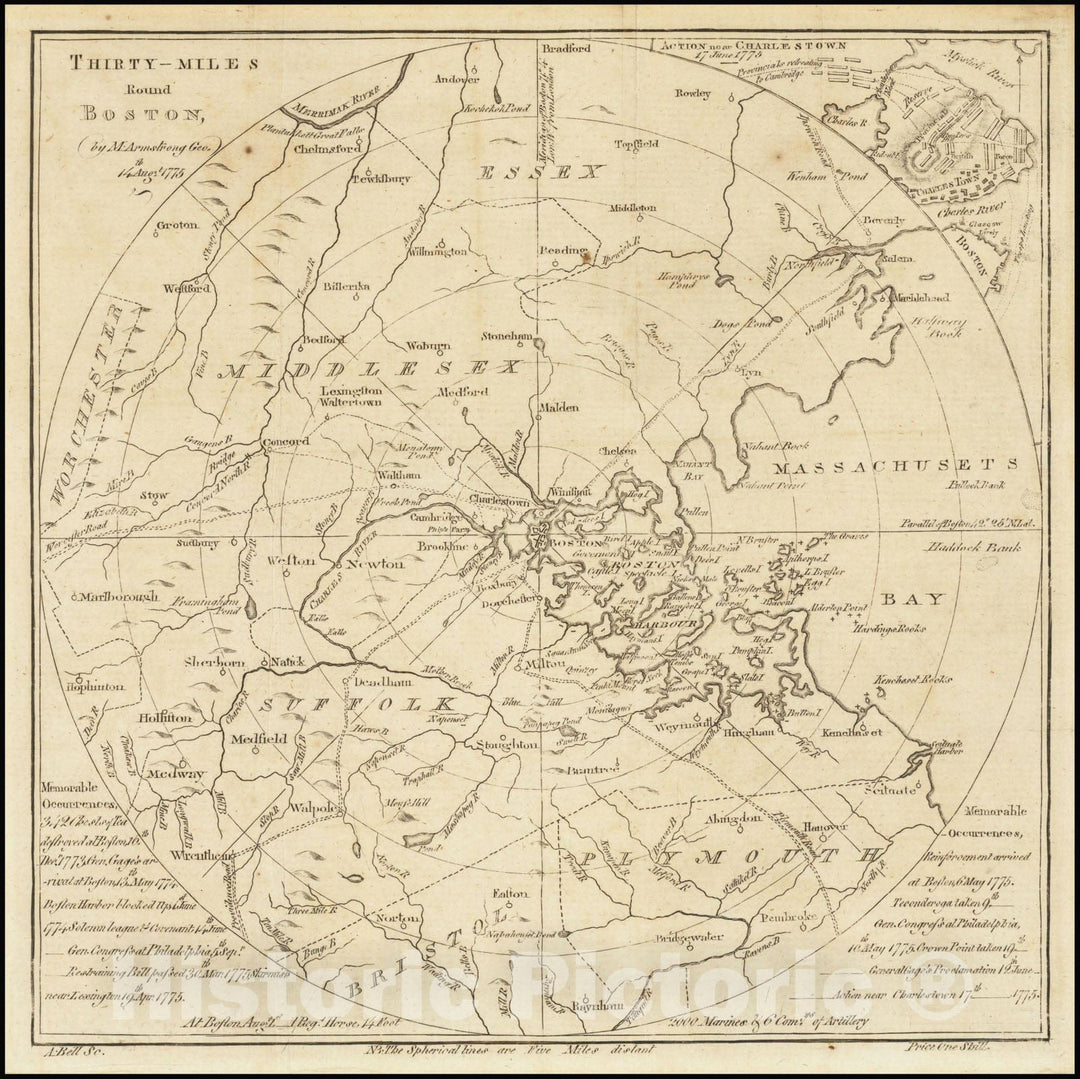 Historic Map : Thirty-Miles Round Boston. 14th August 1775, 1775, Vintage Wall Art