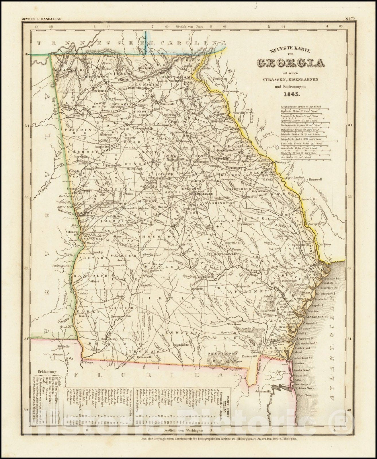 Historic Map : Neueste Karte von Georgia mit seinen strassen, eisenbahnen, und entfernungen, 1845, Vintage Wall Art