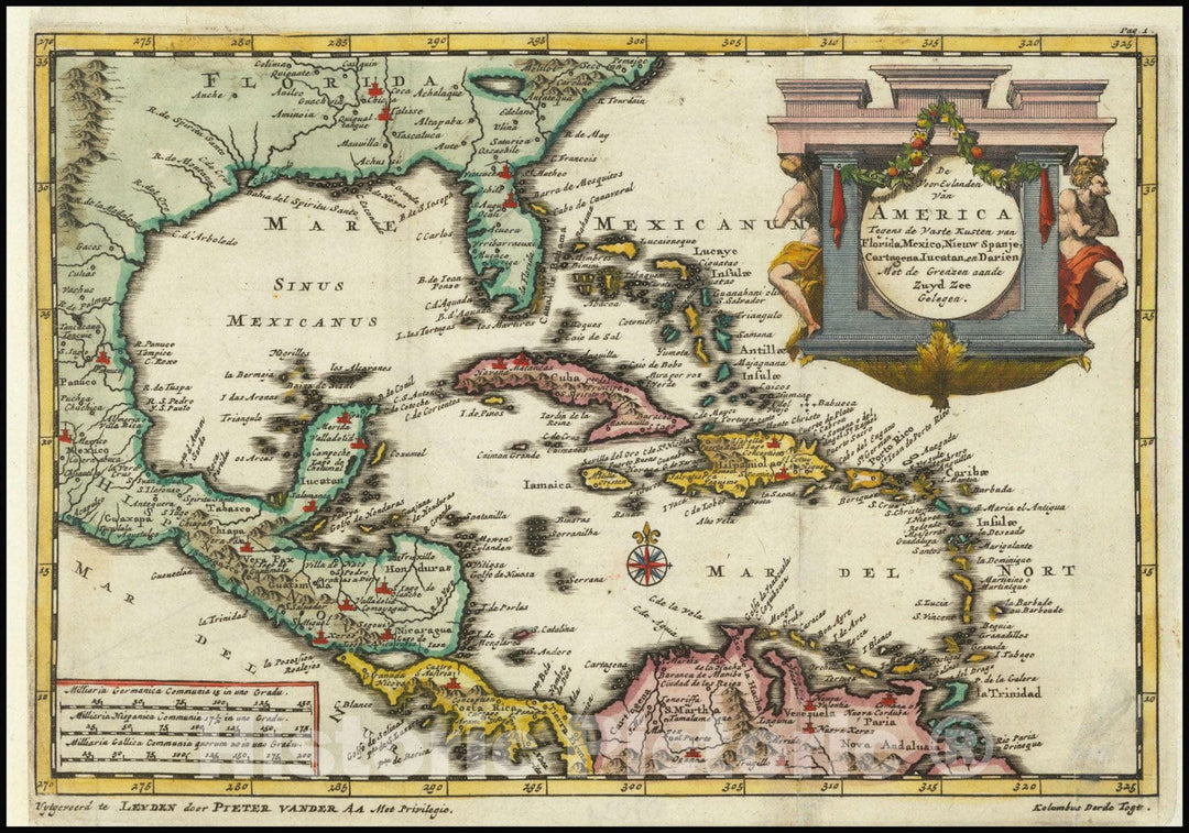 Historic Map : De Voor Eylanden Van America Tegens de Vaste Kusten van Florida, Mexico, Nieuw Spanje, Caragena, iucatan, en Darien Met de Grenzen aande Zuyd Zee Gelegen, 1707, Vintage Wall Art