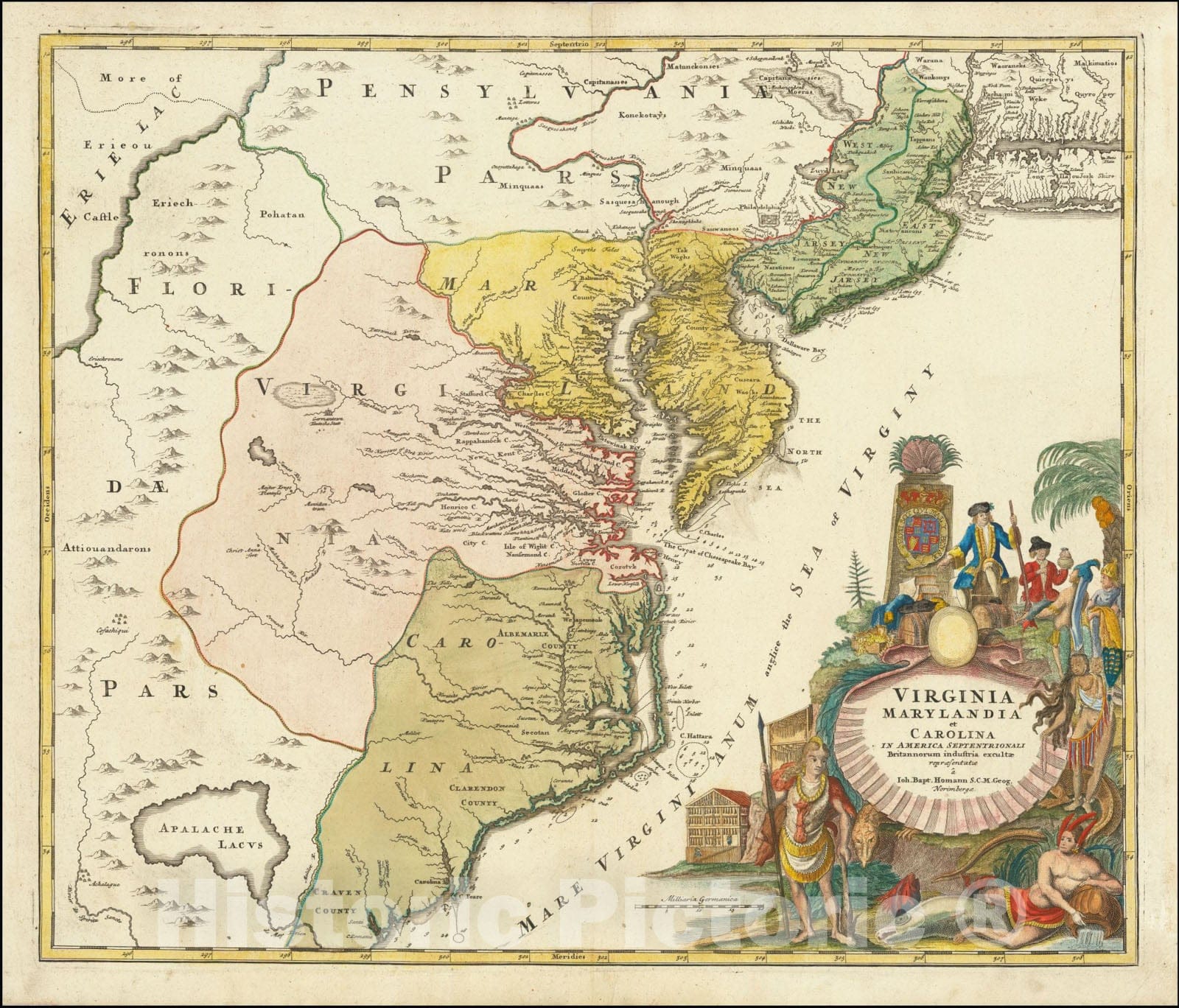 Historic Map : Virginia Marylandia et Carolina In America Septentrionali Britannorum industria exculta repraesentate, 1720, Vintage Wall Art