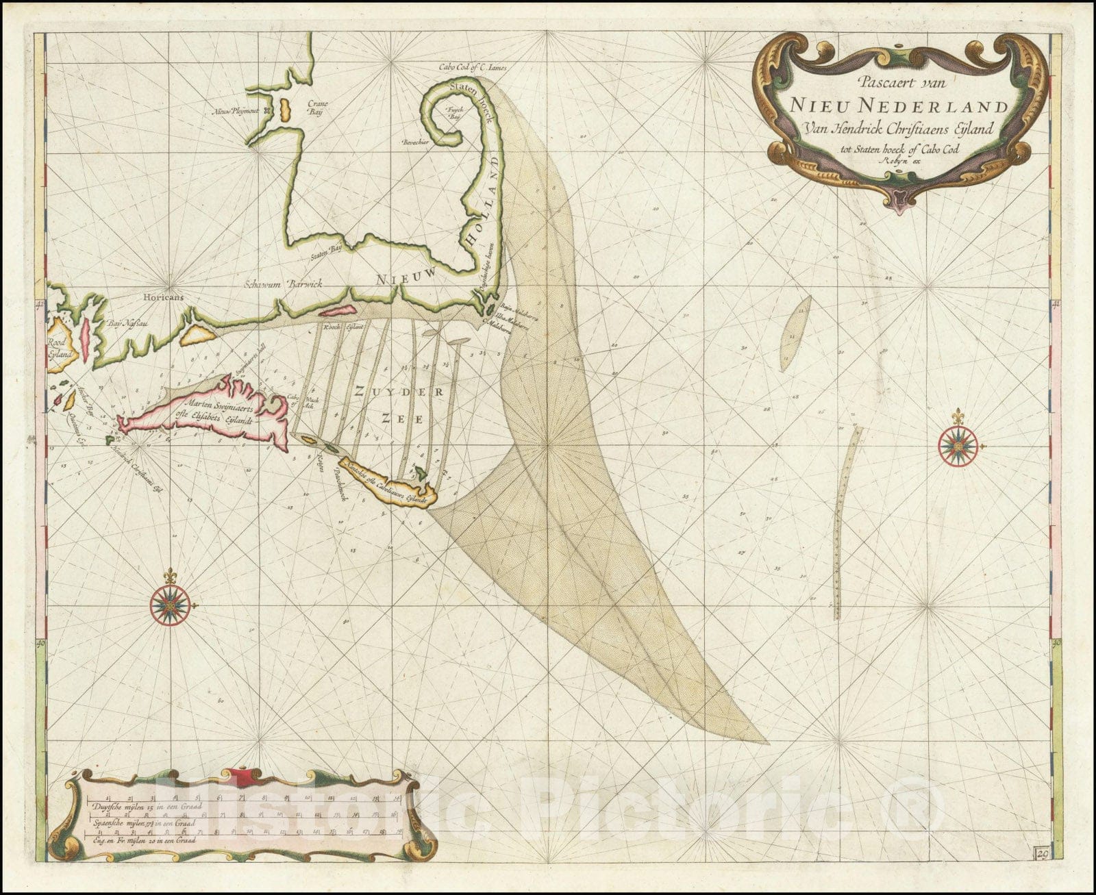 Historic Map : Pascaert van Nieu Nederland Van Hendrick Christiaens Eyland tot Staaten hoeck of Cabo Cod, 1675 (1680), Vintage Wall Art