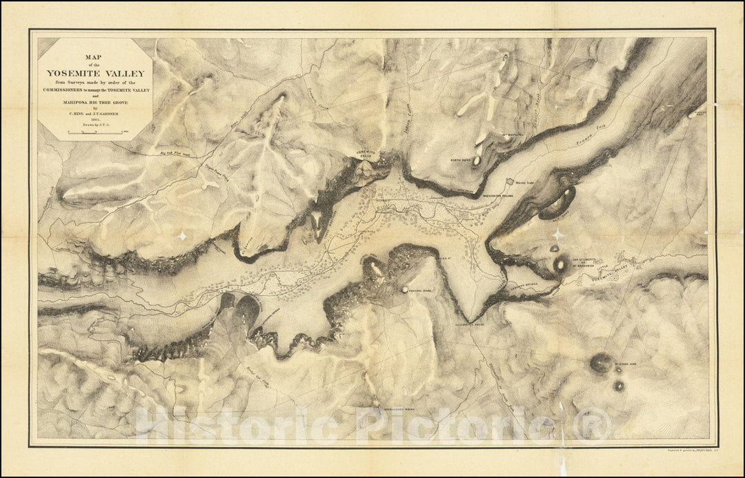 Historic Map : Yosemite Valley from Surveys made by order of the Commissioners to manag the Yosemite Valley and Mariposa Grove by C. King and J.T. Gardner1865,1868 (1870), Vintage Wall Art