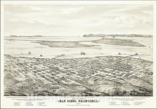 Historic Map : Bird's Eye View of San Diego, California 1876. From the North-East, Looking South-West. , 1876 v2, Vintage Wall Art