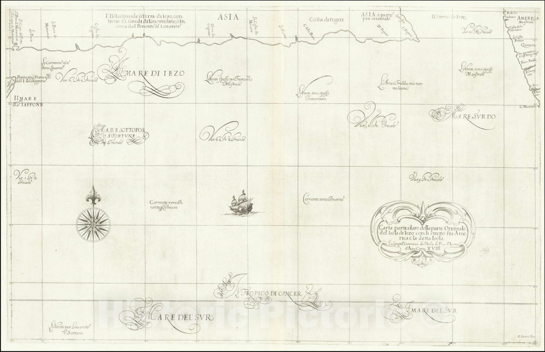 Historic Map : Carta particolare della parte Orientale del' Isola di Iezo con Il stretto fra America e la detta Isola,  1661, Vintage Wall Art