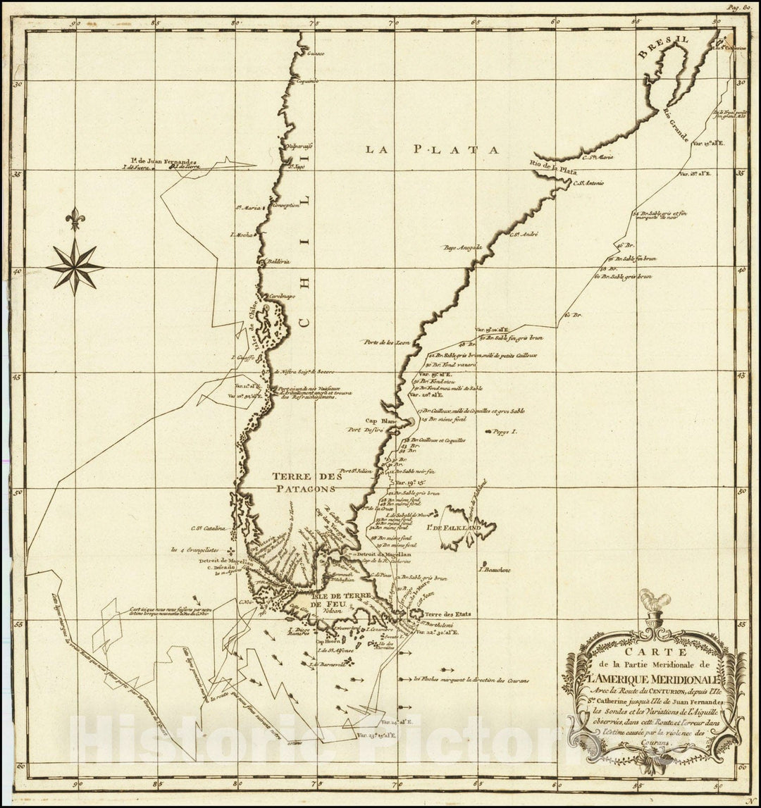 Historic Map : Carte de la partie meridionale de L'Amerique Meridionale avec la route du Centurion,  1749, Vintage Wall Art