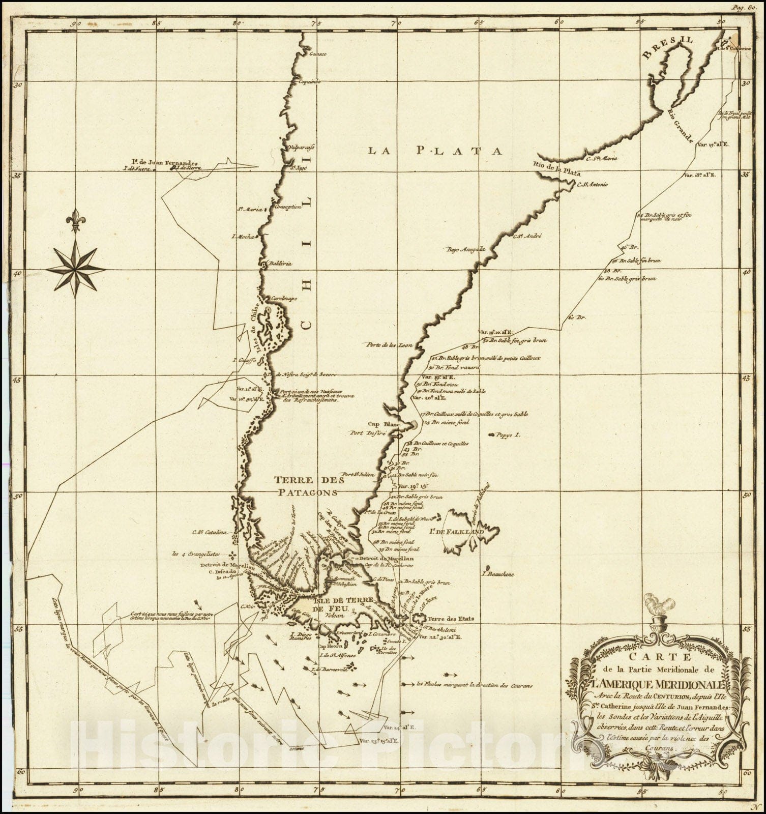 Historic Map : Carte de la partie meridionale de L'Amerique Meridionale avec la route du Centurion,  1749, Vintage Wall Art