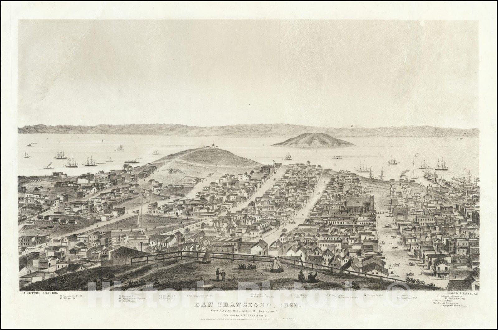 Historic Map : San Francisco, 1862.From Russian Hill.Section 3 Looking East., 1862, Vintage Wall Art