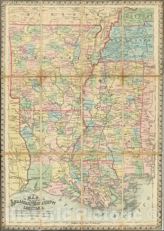 Historic Map : States of Arkansas Mississippi and Louisiana Exhibiting the Counties, Cities & Villages; Rivers, Rail ways, & Common Roads including the Forts, Landings, Stations &c., 1862, Vintage Wall Art