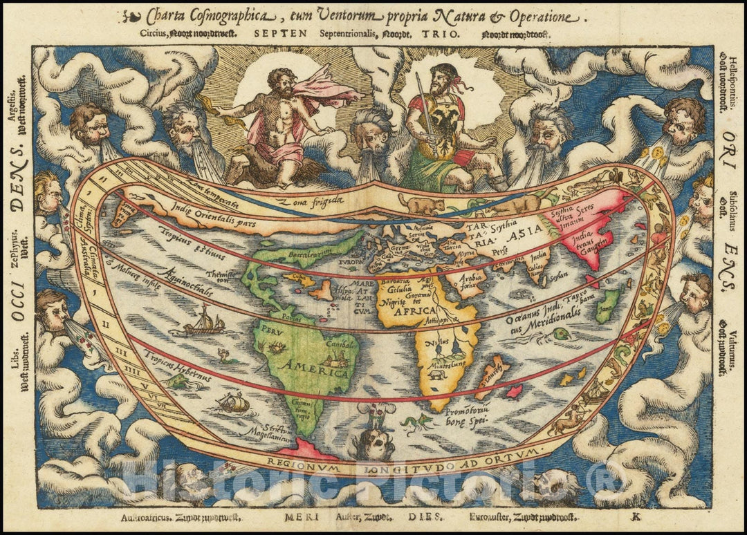 Historic Map : Charta Cosmographica, Cum Ventorum Propria Natura et Operatione, 1553 v3, Vintage Wall Art