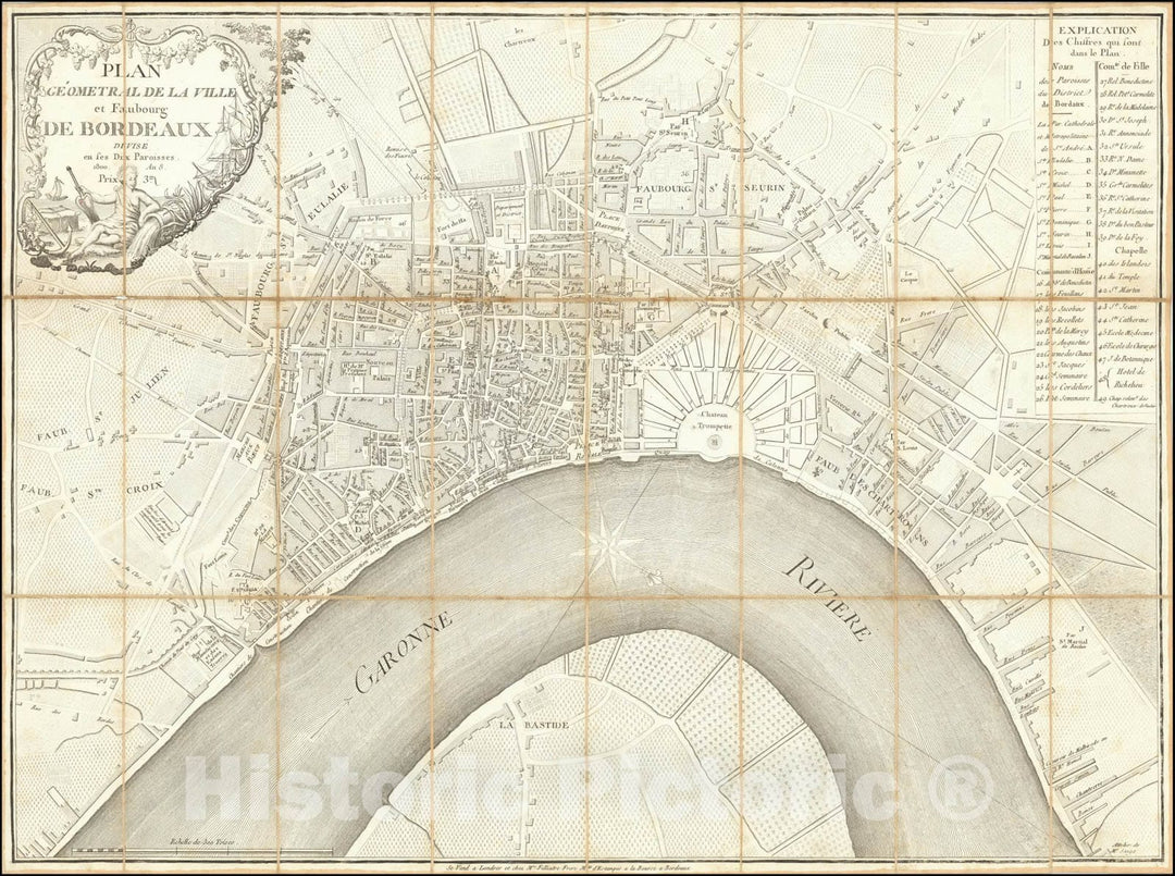 Historic Map : Plan Geometral De La Ville et Faubourg De Bordeaux Divise en ses Dix Paroisses 1800,  1800, Vintage Wall Art