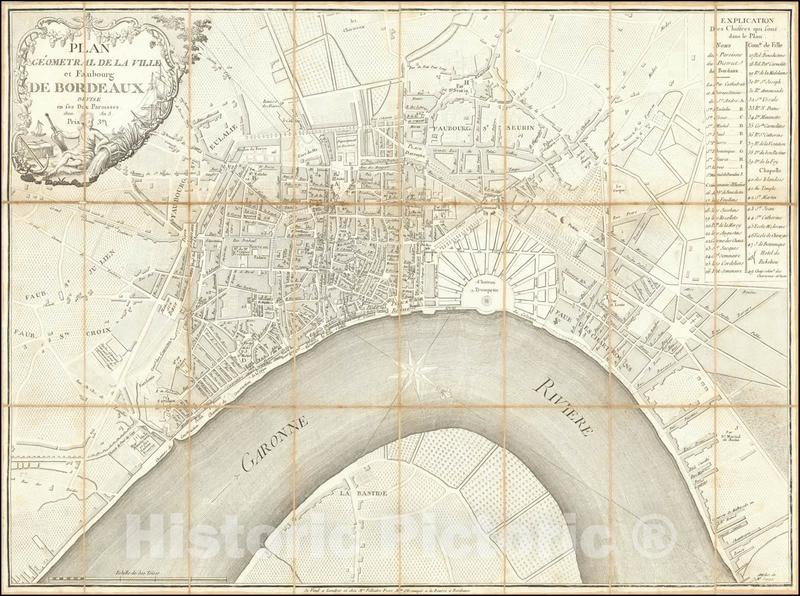 Historic Map : Plan Geometral De La Ville et Faubourg De Bordeaux Divise en ses Dix Paroisses 1800,  1800, Vintage Wall Art