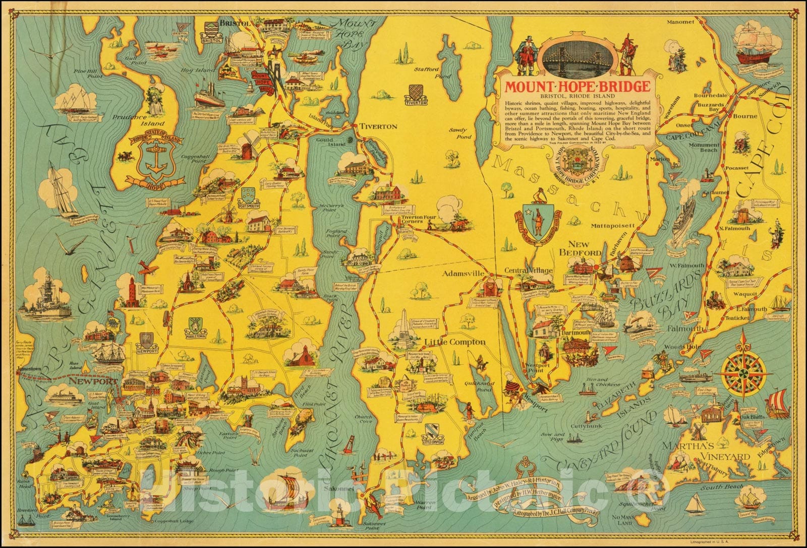 Historic Map : Mount Hope Bridge Bristol Rhode Island, 1933 v1, Vintage Wall Art