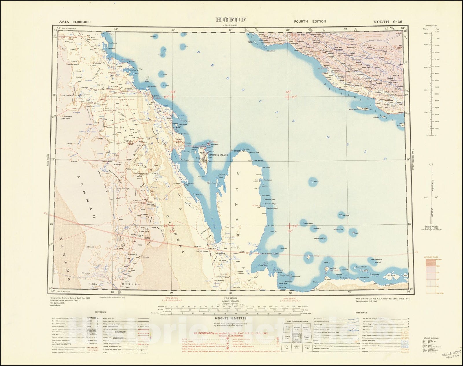 Historic Map : Qatar and Bahrain,Hofuf , 1957, Vintage Wall Art