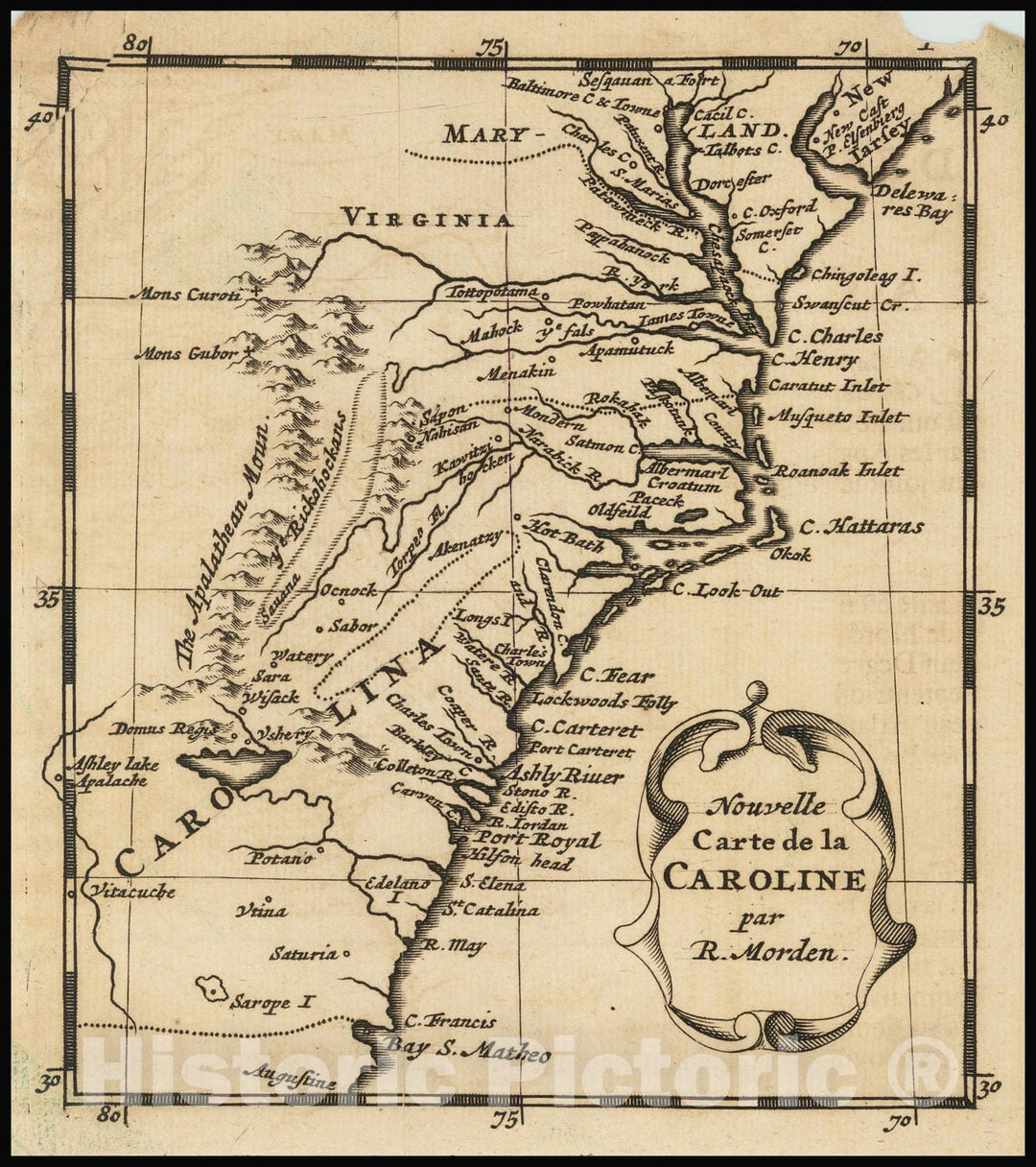 Historic Map : Nouvelle Carte de la Caroline par R. Morden, 1688, Vintage Wall Art