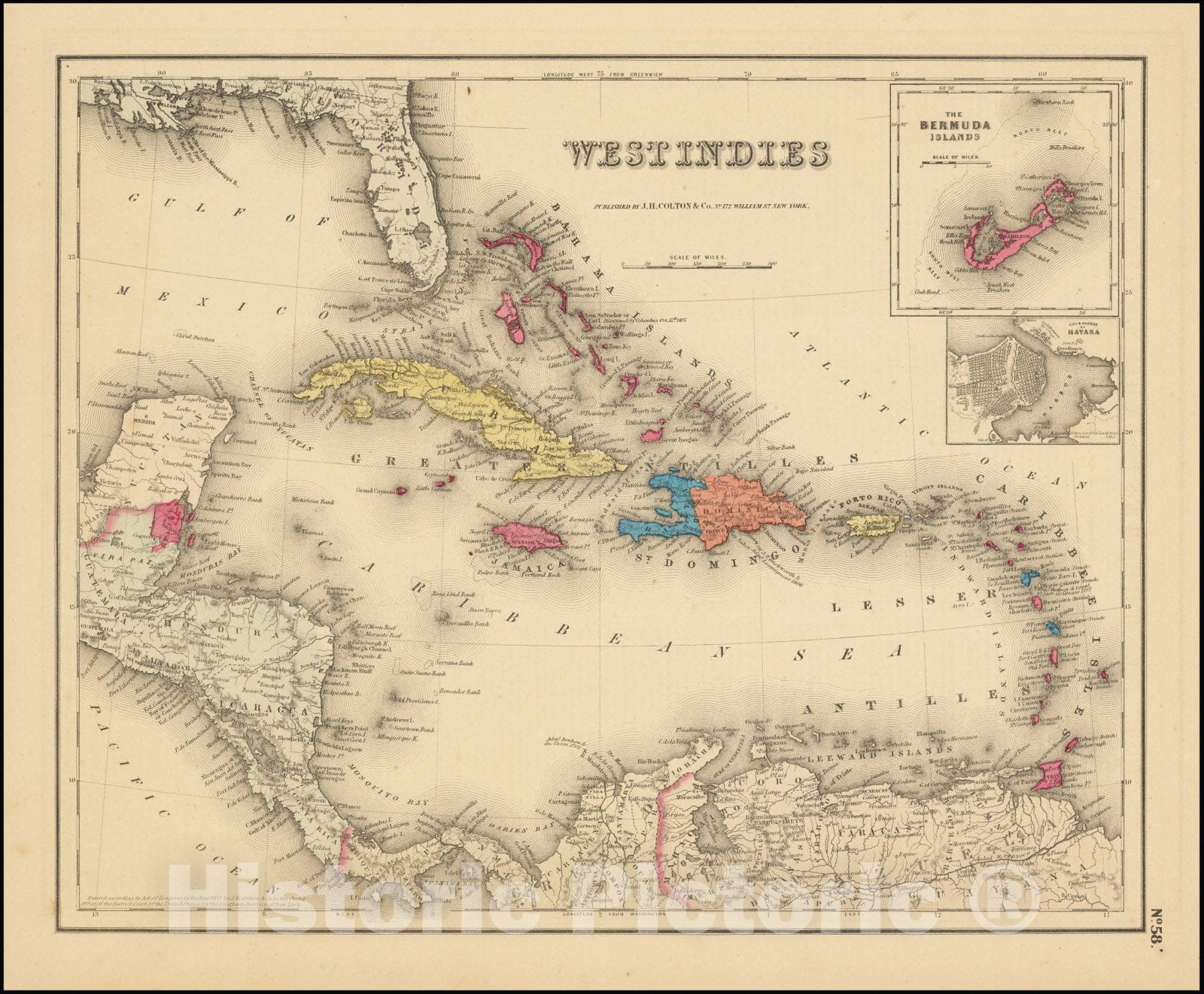 Historic Map : Colton's West Indies , 1857, Vintage Wall Art