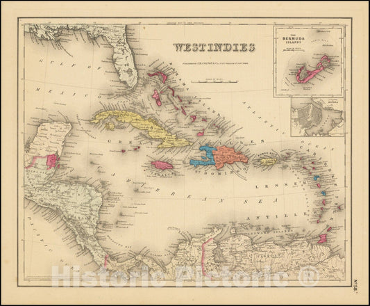 Historic Map : Colton's West Indies , 1857, Vintage Wall Art