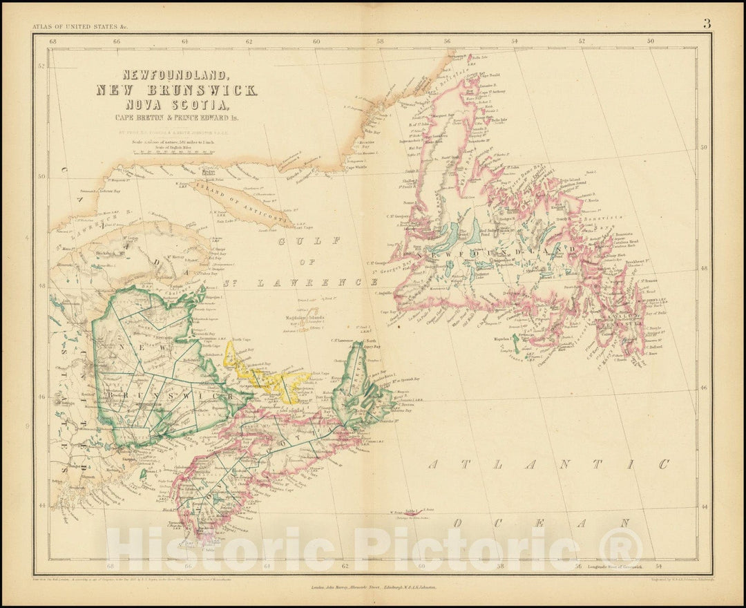 Historic Map : Newfoundland, New Brunswick, Nova Scotia, Cape Breton & Prince Edward Is., 1857, Vintage Wall Art