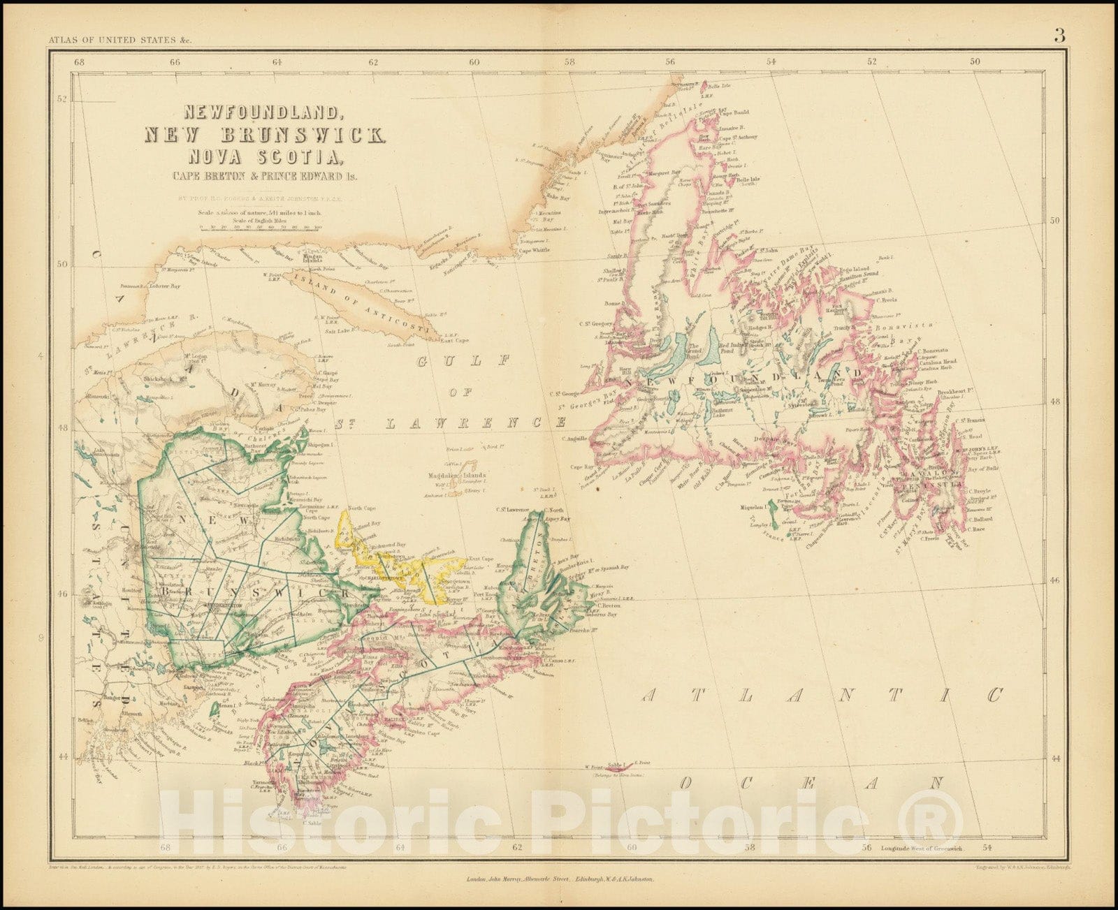 Historic Map : Newfoundland, New Brunswick, Nova Scotia, Cape Breton & Prince Edward Is., 1857, Vintage Wall Art
