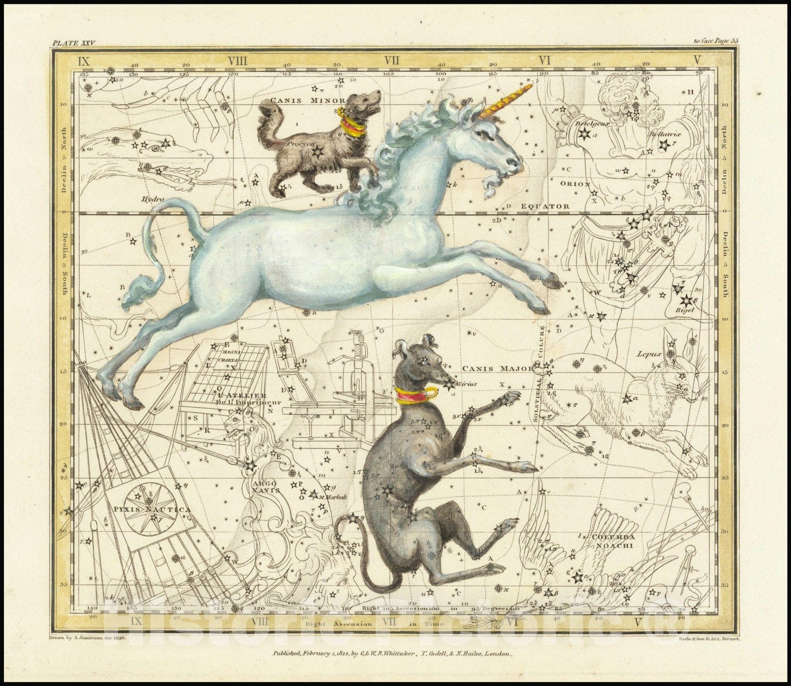 Historic Map : Monocerus, Canis Minor, Canis Major, 1822, Vintage Wall Art