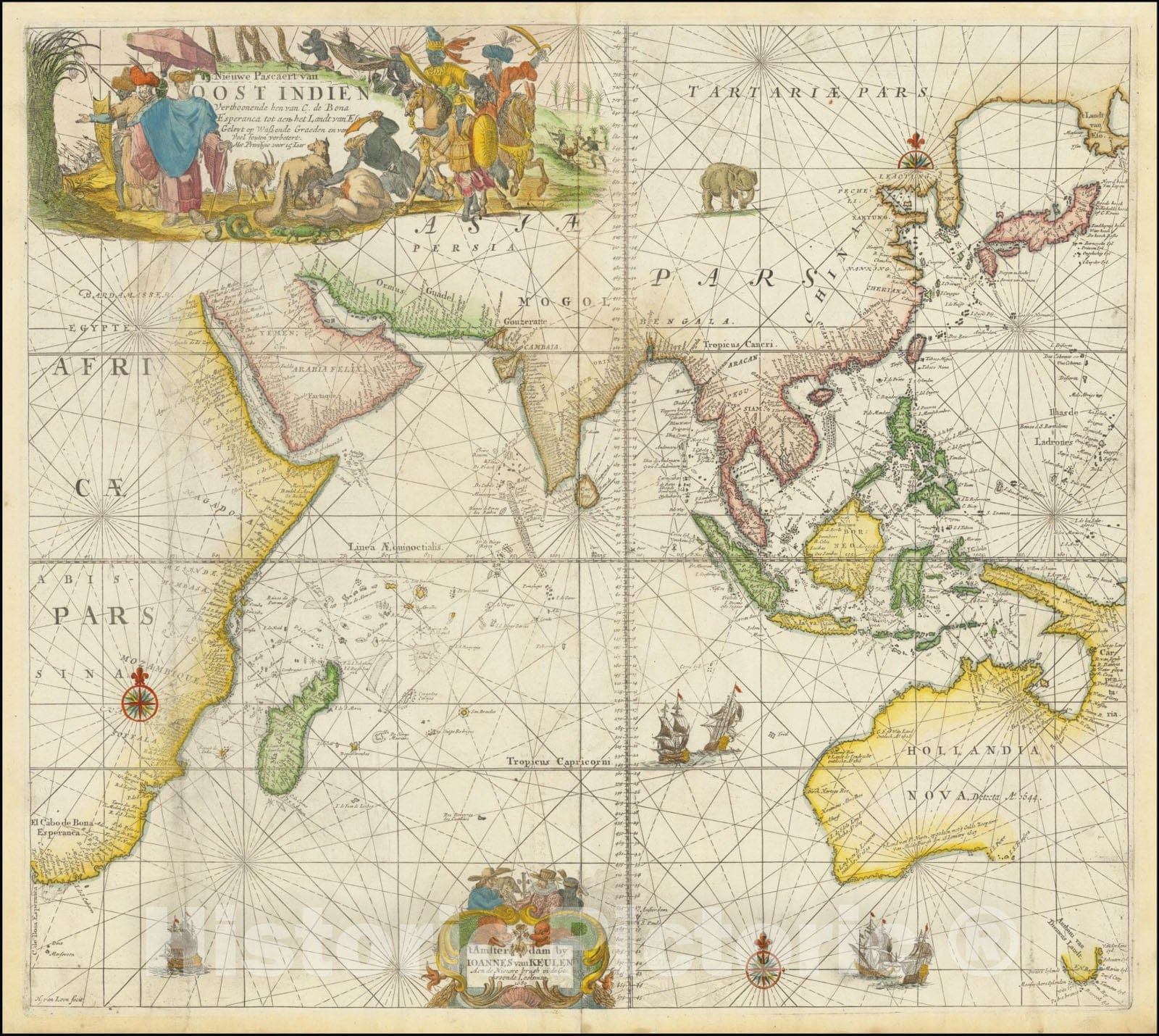 Historic Map : Nieuwe Pascaert van Oost Indien Verthoonende hen van C. De Bona Esperanca tot aen het Landt van Eso Geleyt op Wassende Graeden , 1680, 1680, Vintage Wall Art