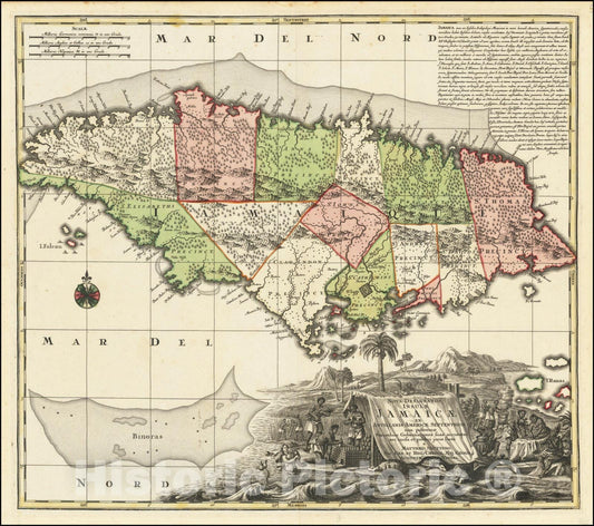 Historic Map : Nova Designatio Insulae Jamaicae ex Antillanis Americae Septentrion. non postremae Secundum Gubernationes,  1730, Vintage Wall Art