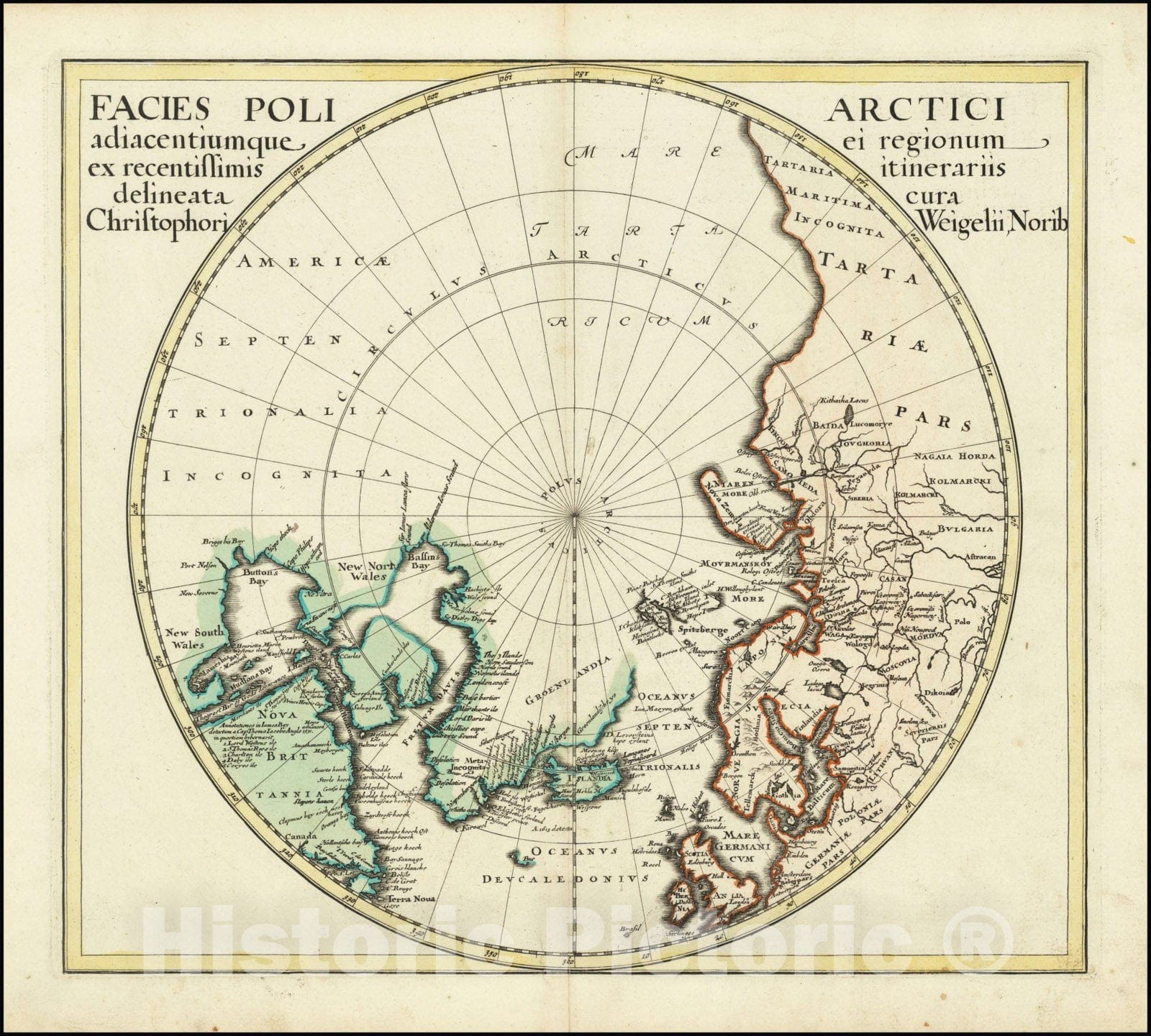 Historic Map : Facies Poli Arctici adiacentiumque ei regionum ex recentissimis itinerariis delineata cur Chrisophori Weigelii, Norib , 1720, Vintage Wall Art
