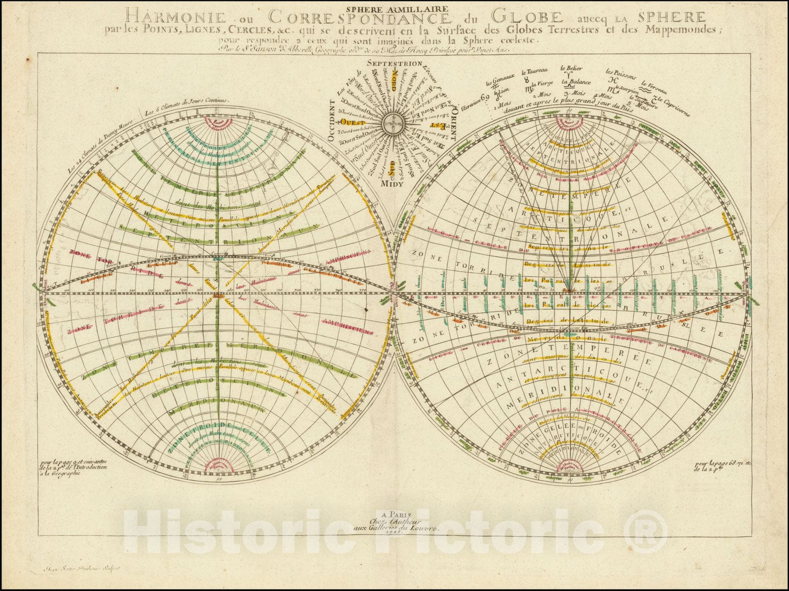 Historic Map : Harmonie ou Correspondance du Globe avecq la Sphere par les Points, Lignes, Cercles &c. qui se Descrivent en la Surface des Globes Terrestres, 1659 (1703), Vintage Wall Art