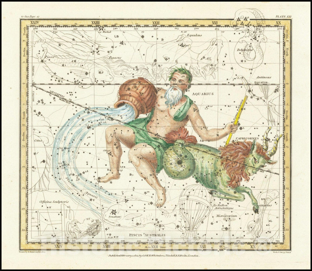 Historic Map : Aquarius & Capricorn,  1822, Vintage Wall Art