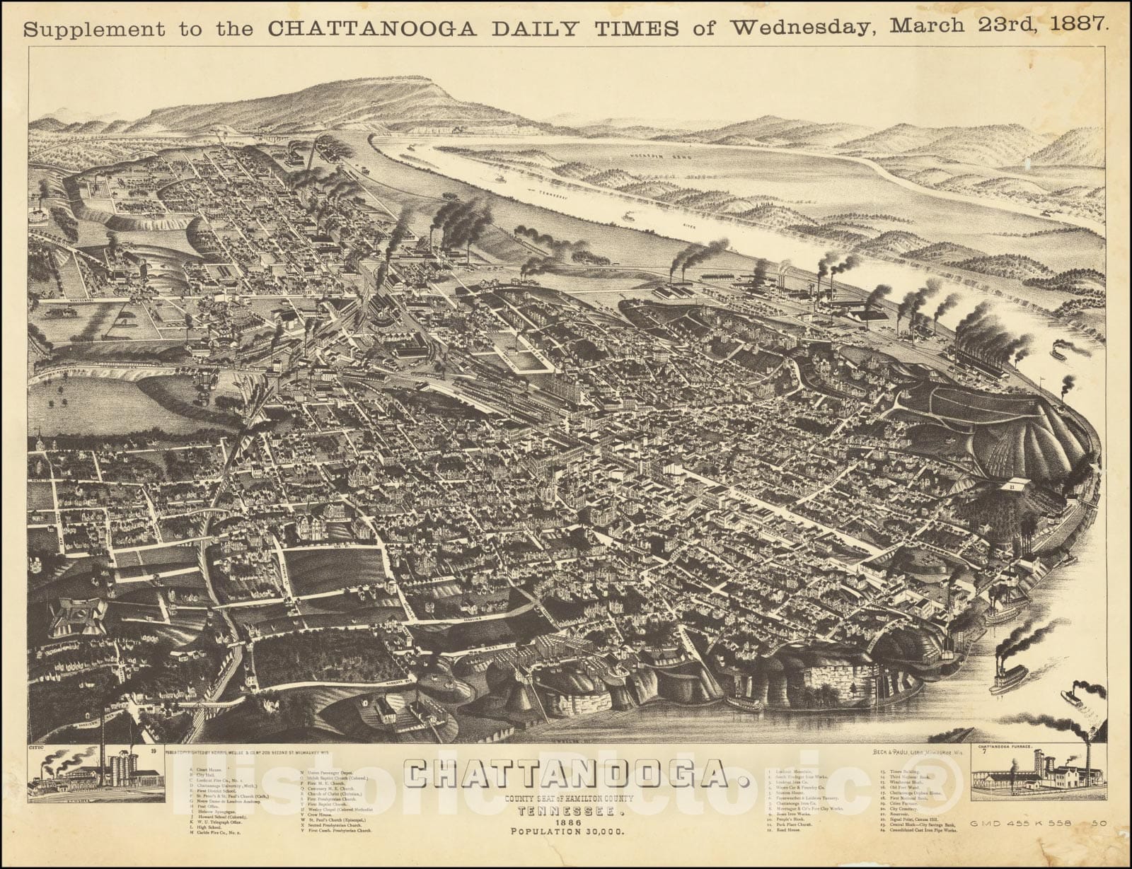 Historic Map : Chattanooga.County Seat of Hamilton County Tennessee. 1886, Supplement to the Chattanooga Daily Times of Wednesday, March 23rd, 1887, 1887, Vintage Wall Art