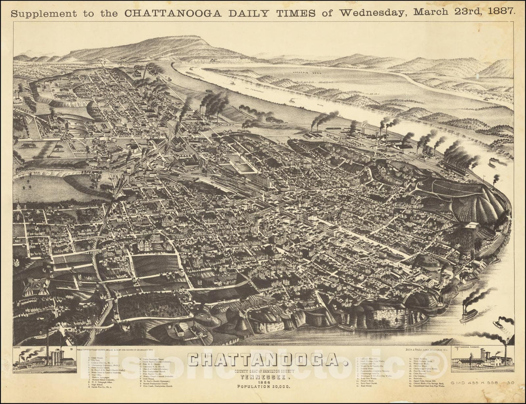 Historic Map : Chattanooga.County Seat of Hamilton County Tennessee. 1886, Supplement to the Chattanooga Daily Times of Wednesday, March 23rd, 1887, 1887, Vintage Wall Art