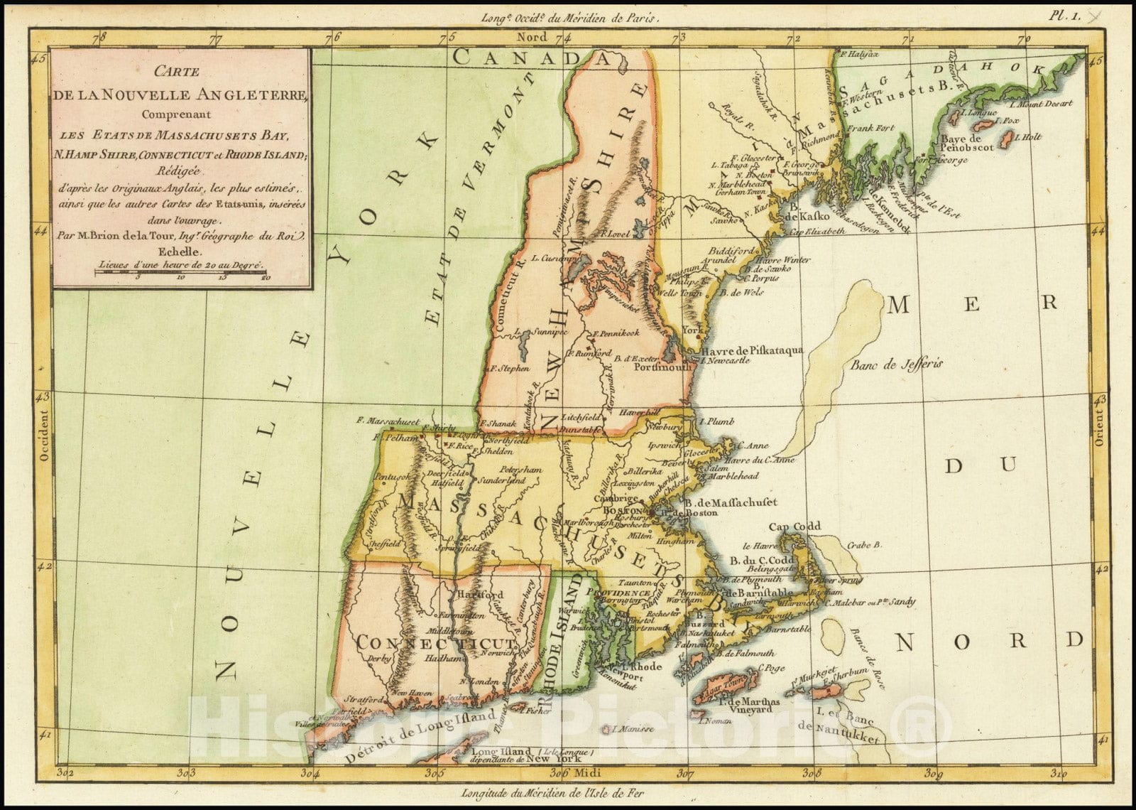 Historic Map : Carte De La Nouvelle Angleterre, Comprenant Les Etats de Massachusets Bay, N. Hamp Shire, Connecticut et Rhode Islands, 1782, Vintage Wall Art