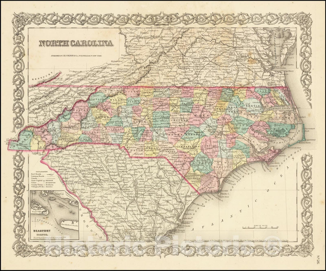 Historic Map : North Carolina, 1855, Vintage Wall Art