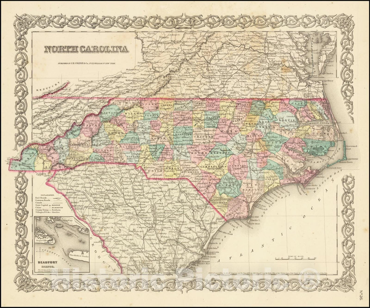 Historic Map : North Carolina, 1855, Vintage Wall Art