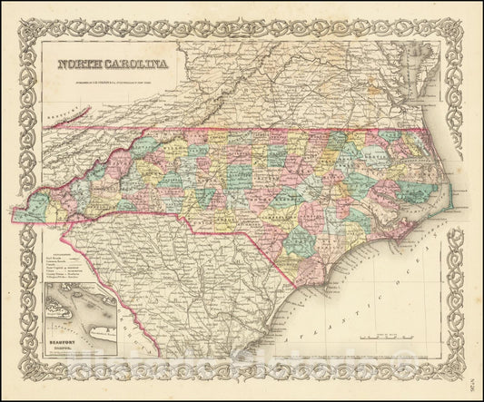 Historic Map : North Carolina, 1855, Vintage Wall Art