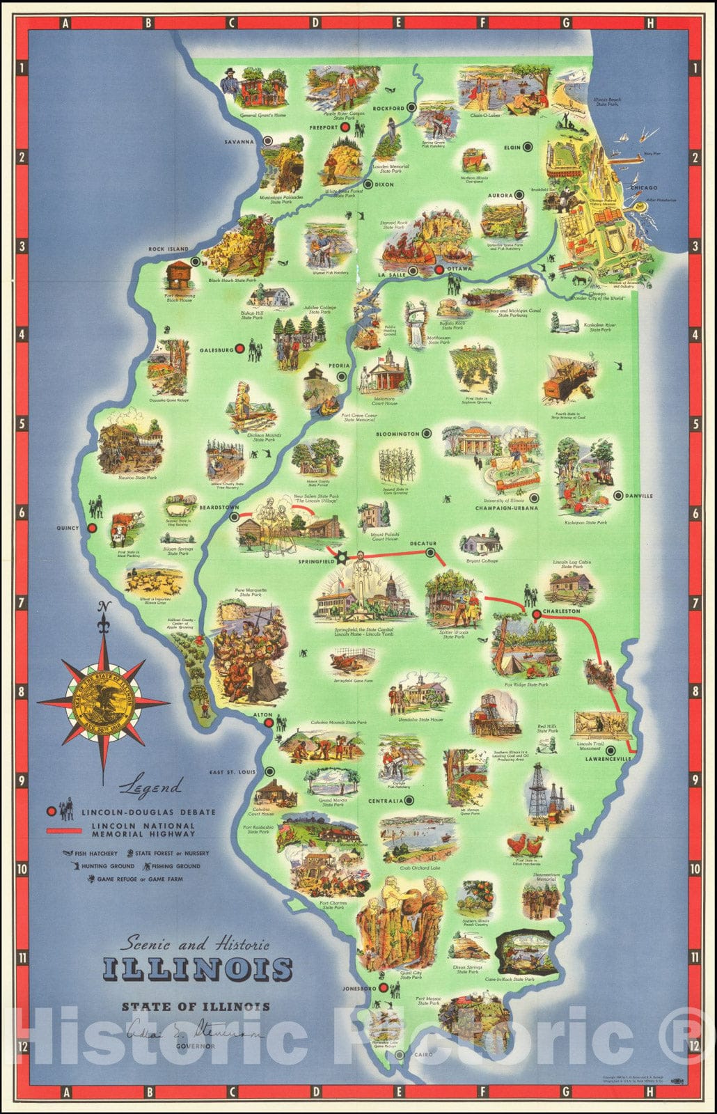 Historic Map : Scenic and Historic Illinois, 1949, Vintage Wall Art