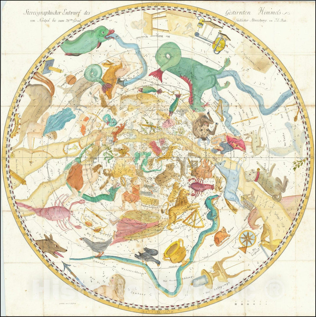 Historic Map : Stereographischer Entwurf des Gestirnten Himmels vom Nordpol biz sum 38sten Grad Sudlicher Abwichung von J.E. Bode, 1790, Vintage Wall Art