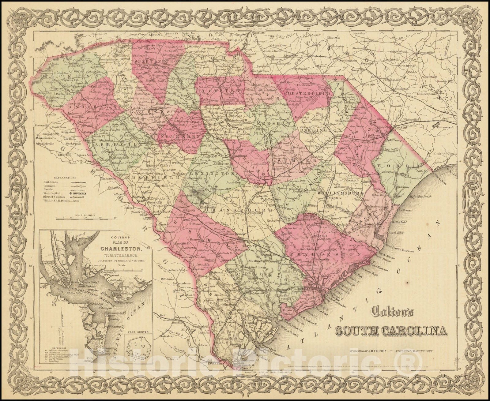 Historic Map : Colton's South Carolina , 1865, Vintage Wall Art
