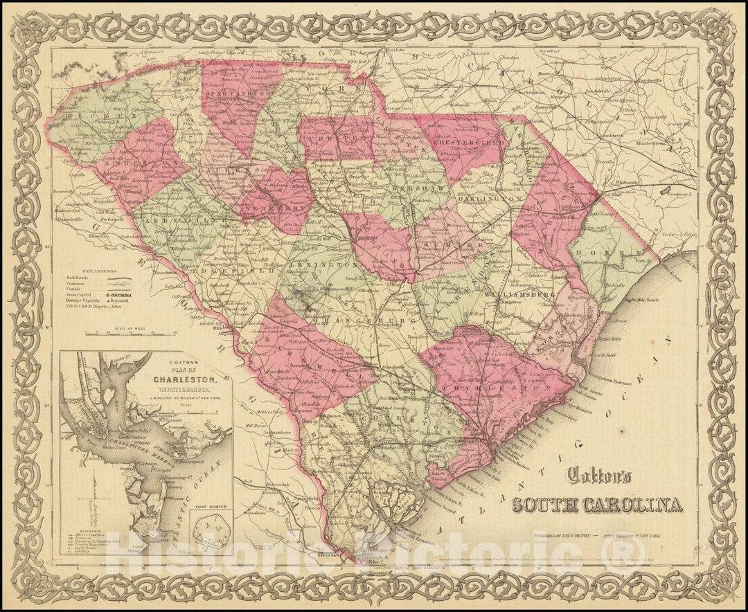 Historic Map : Colton's South Carolina , 1865, Vintage Wall Art