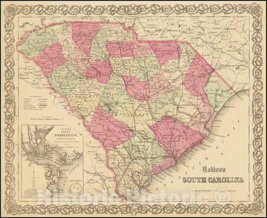Historic Map : Colton's South Carolina , 1865, Vintage Wall Art