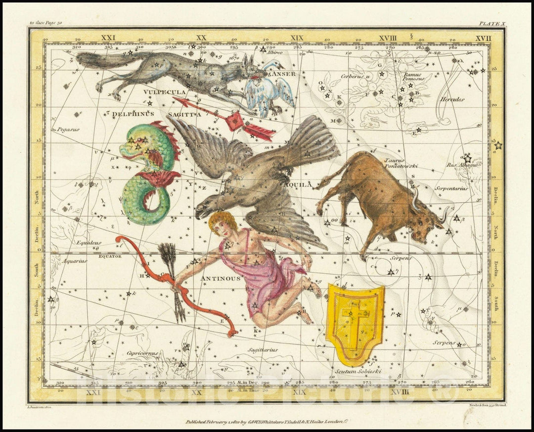 Historic Map : Aquila, Antinous, Scutum, Taurus, Sagittarius, Vulpecula, Anser - Delphinus, 1822 v2, Vintage Wall Art