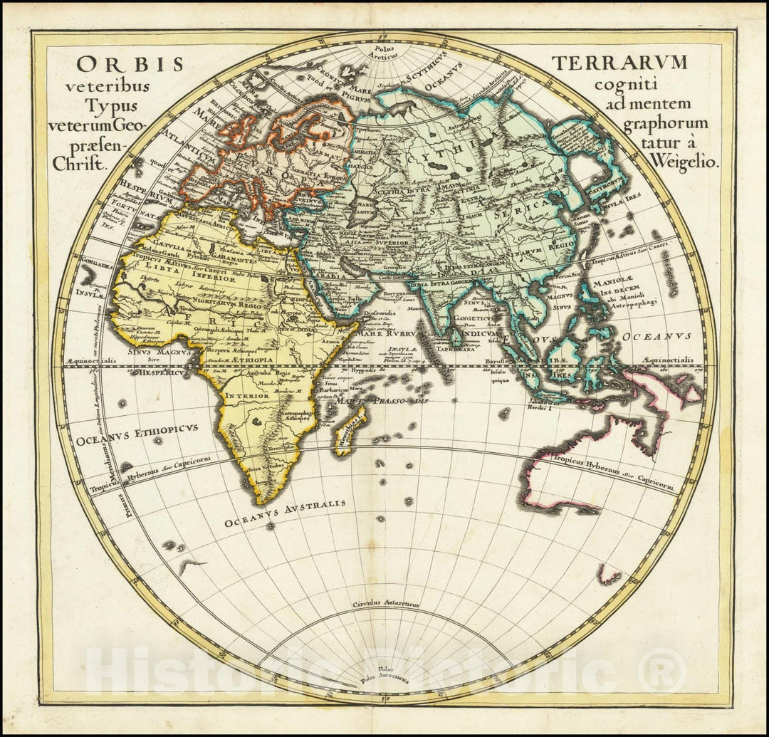 Historic Map : Orbis Terrarum veteribus cogniti Typus ad mentem veterum Geographorum praesentatur a Christ. Weigel, 1720, Vintage Wall Art